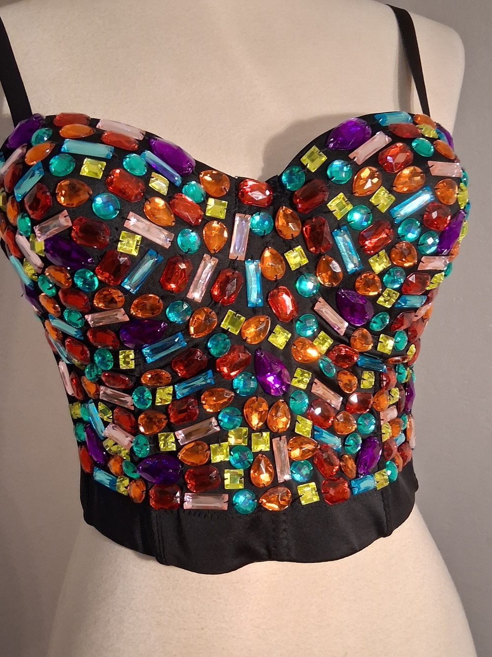 Black Jeweled Bustier Crop Top in Multicolor Gems